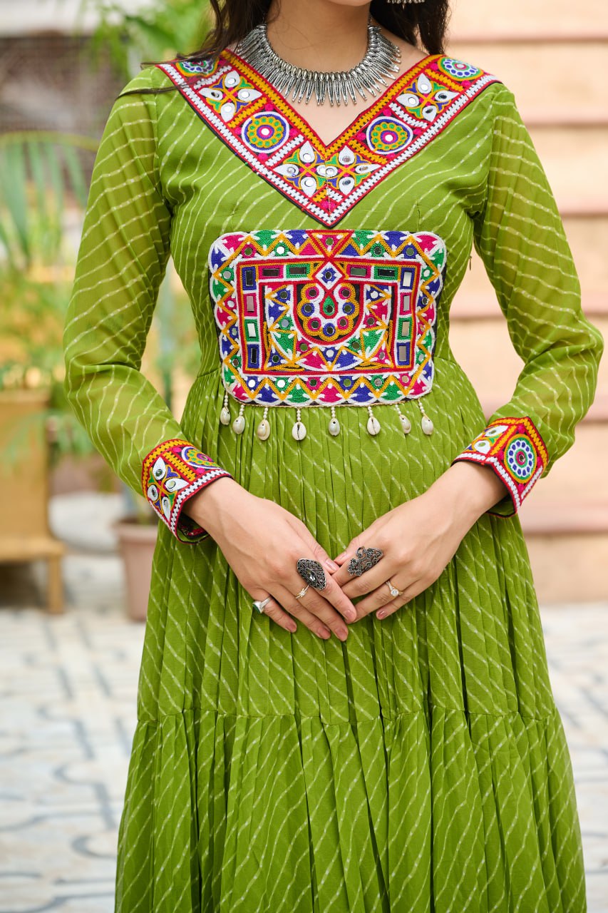 Traditional Wear Green Color Faux Georgette With Laheriya Printed Kutchi Patchwork Navratri Gown