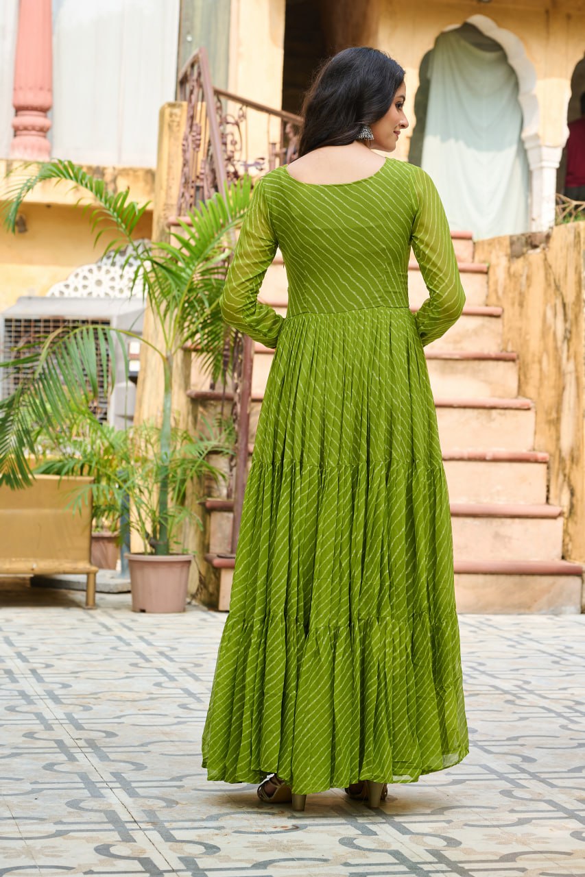 Traditional Wear Green Color Faux Georgette With Laheriya Printed Kutchi Patchwork Navratri Gown