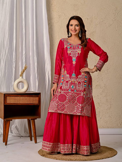 Party Wear Red Color Chinnon Silk With  Sequence Embroidery Work Sharara Suit