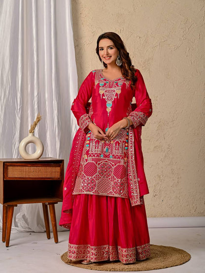 Party Wear Red Color Chinnon Silk With  Sequence Embroidery Work Sharara Suit