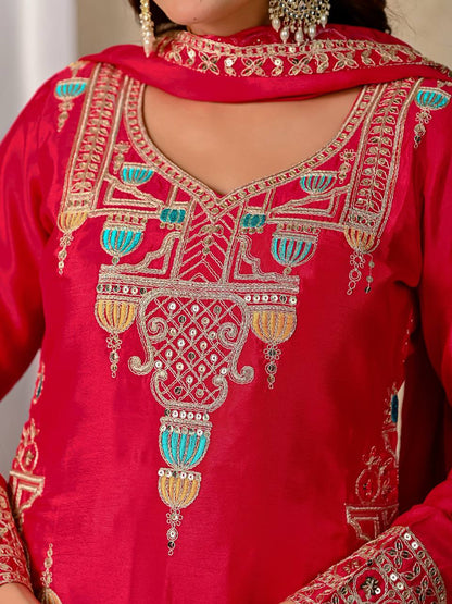 Party Wear Red Color Chinnon Silk With  Sequence Embroidery Work Sharara Suit