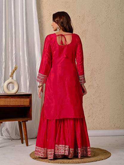 Party Wear Red Color Chinnon Silk With  Sequence Embroidery Work Sharara Suit