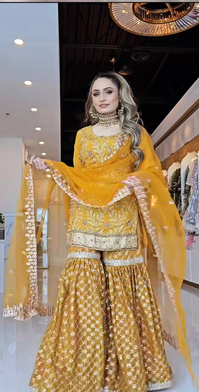 Haldi Special Yellow Color Heavy Chinnon Silk With Sequin Embroidery Work Beautiful Sharara Suit