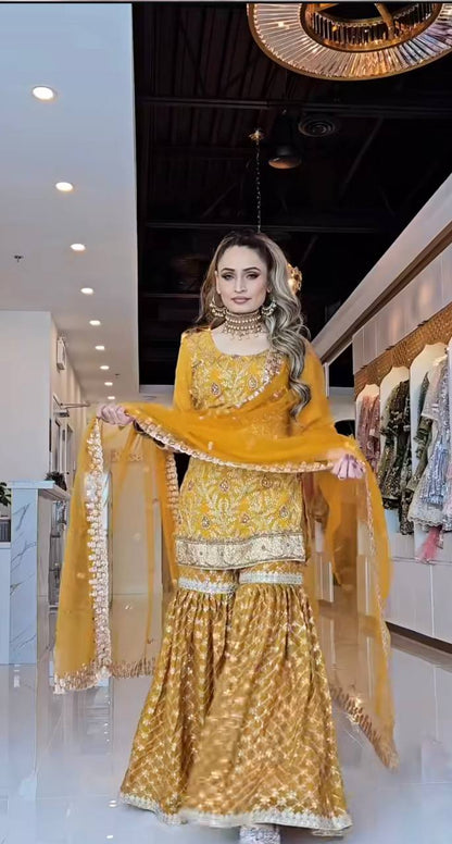 Haldi Special Yellow Color Heavy Chinnon Silk With Sequin Embroidery Work Beautiful Sharara Suit