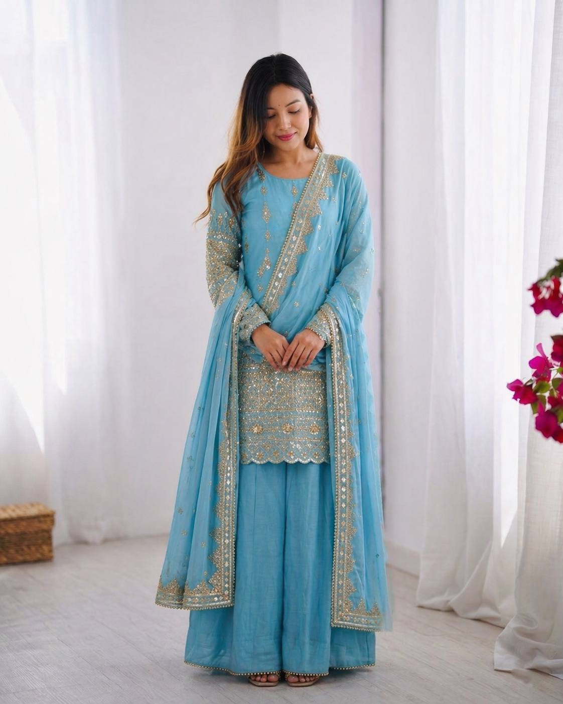 Delightful Sky Blue Color Heavy Embroidered Sequence Work Sharara Suit