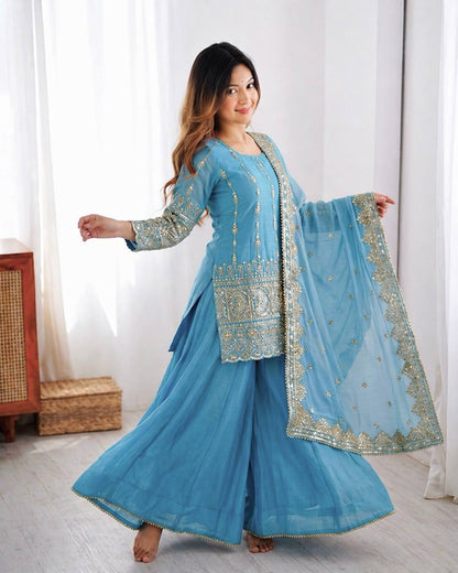 Delightful Sky Blue Color Heavy Embroidered Sequence Work Sharara Suit