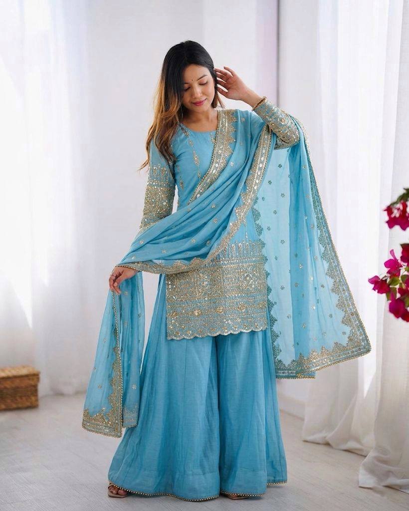 Delightful Sky Blue Color Heavy Embroidered Sequence Work Sharara Suit