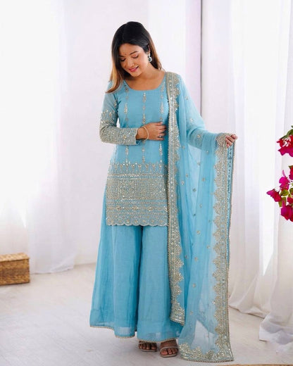 Delightful Sky Blue Color Heavy Embroidered Sequence Work Sharara Suit