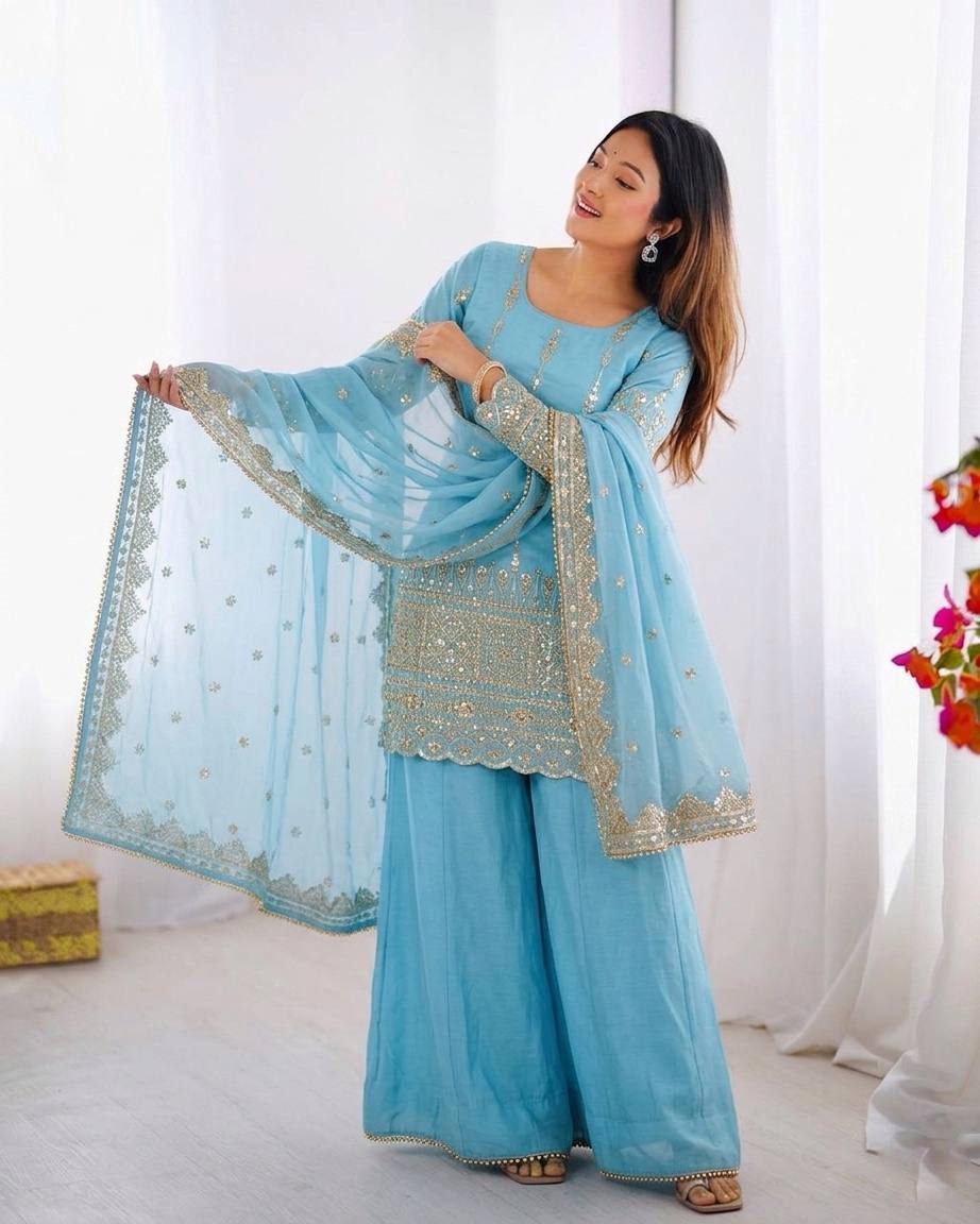 Delightful Sky Blue Color Heavy Embroidered Sequence Work Sharara Suit