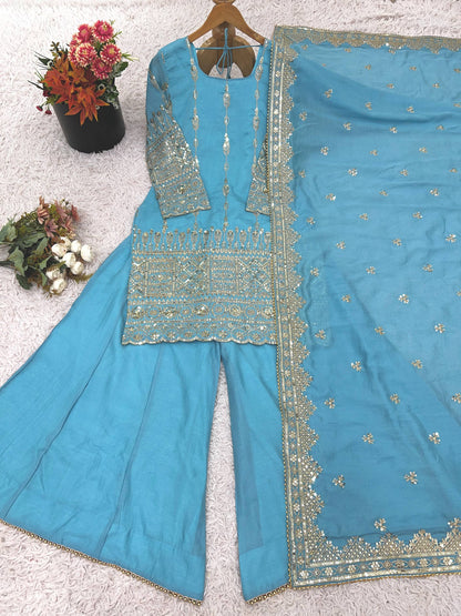 Delightful Sky Blue Color Heavy Embroidered Sequence Work Sharara Suit