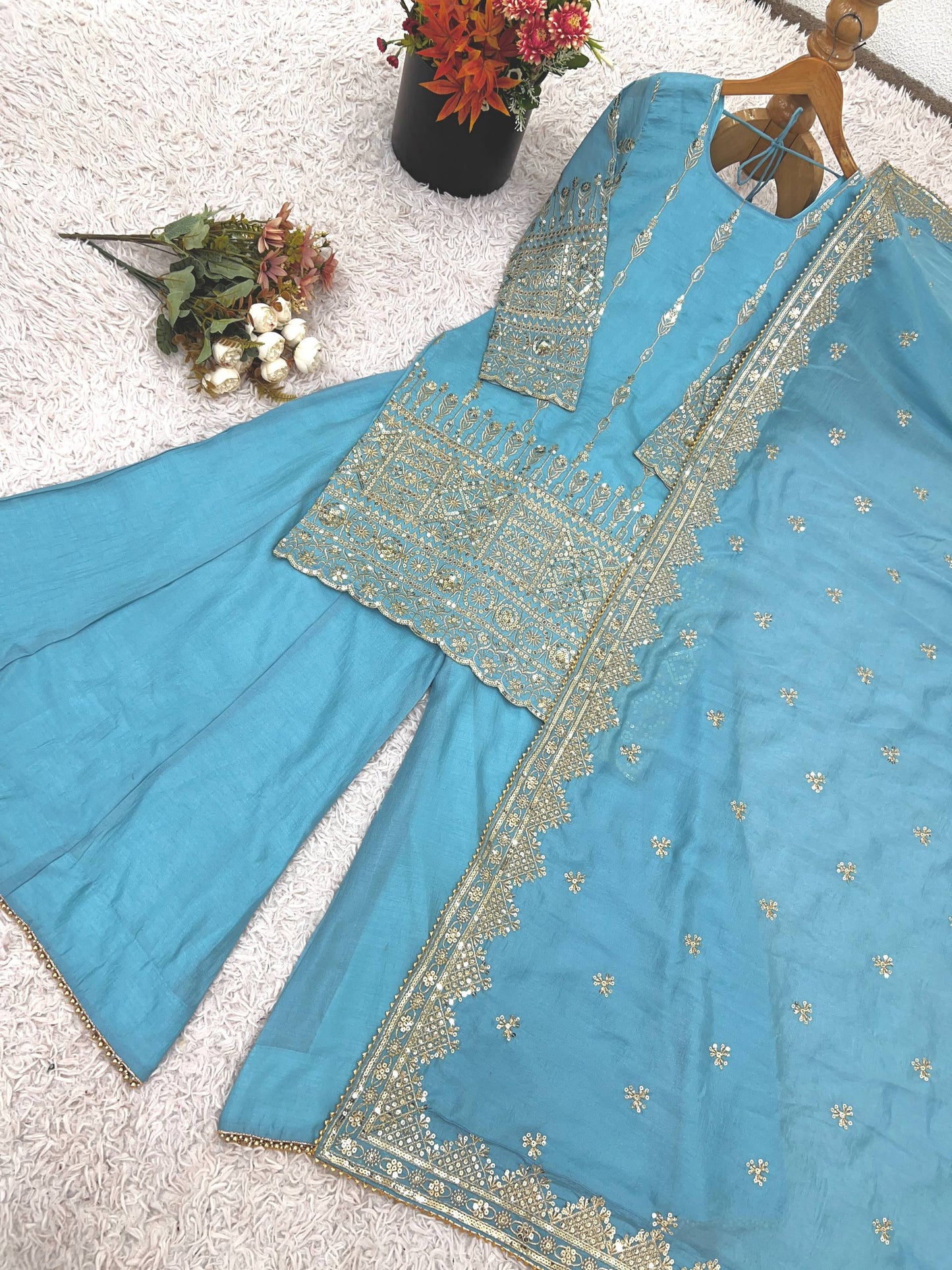 Delightful Sky Blue Color Heavy Embroidered Sequence Work Sharara Suit