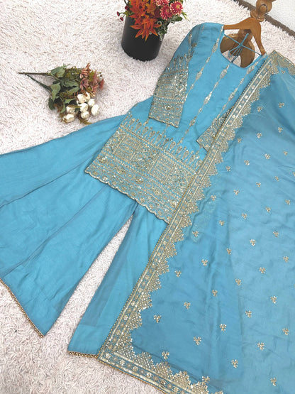 Delightful Sky Blue Color Heavy Embroidered Sequence Work Sharara Suit