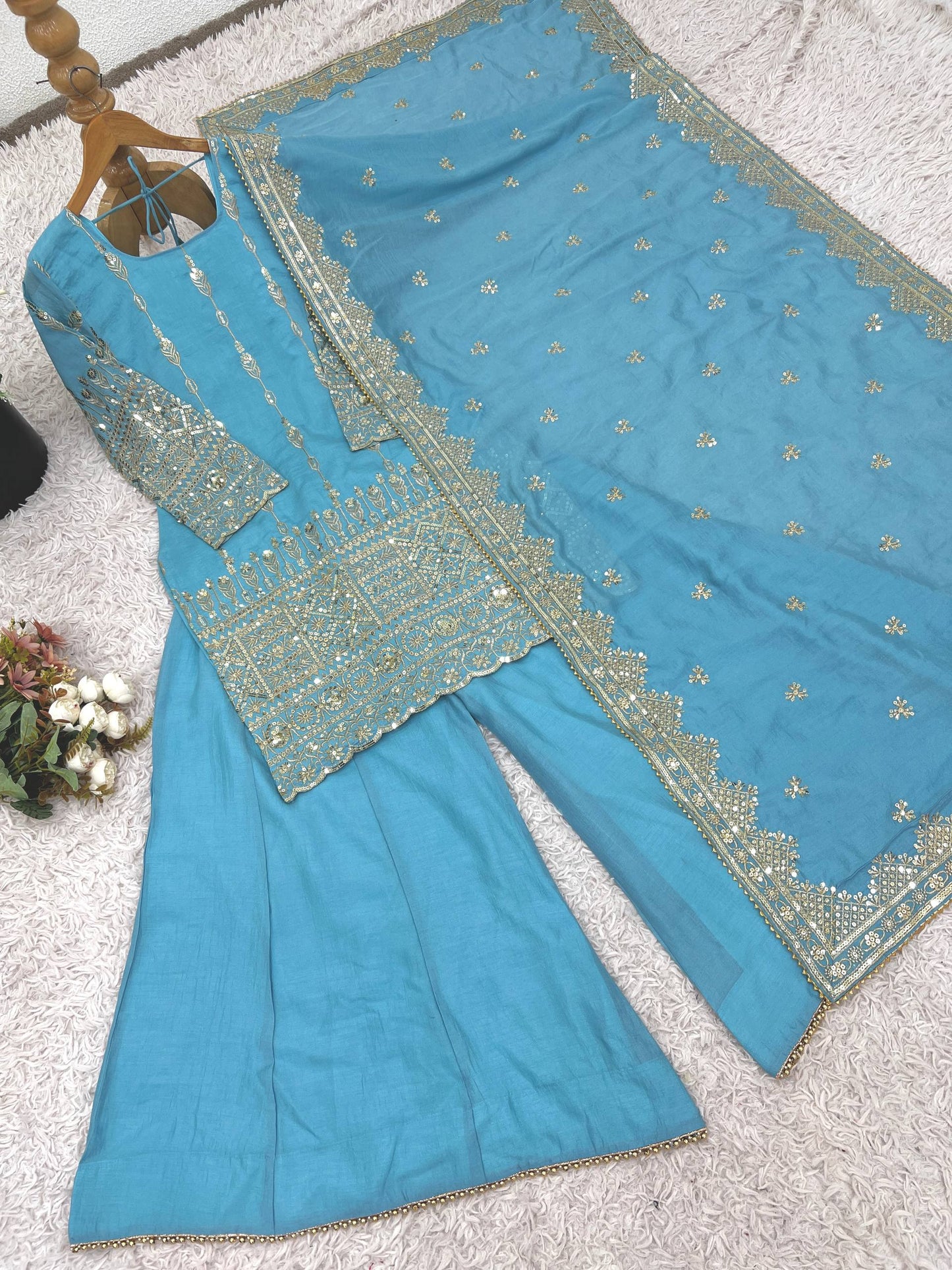 Delightful Sky Blue Color Heavy Embroidered Sequence Work Sharara Suit