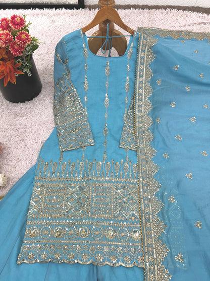 Delightful Sky Blue Color Heavy Embroidered Sequence Work Sharara Suit