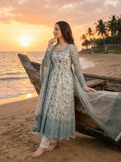 Hania Aamir Wear White And Green Color Micro Cotton Thread Work Anarkali Suit