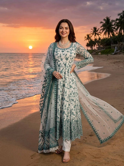 Hania Aamir Wear White And Green Color Micro Cotton Thread Work Anarkali Suit