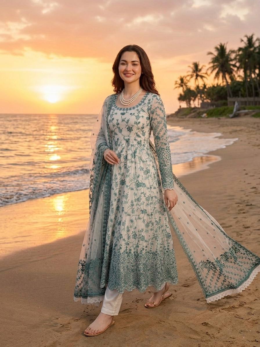 Hania Aamir Wear White And Green Color Micro Cotton Thread Work Anarkali Suit