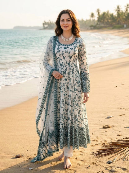 Hania Aamir Wear White And Green Color Micro Cotton Thread Work Anarkali Suit