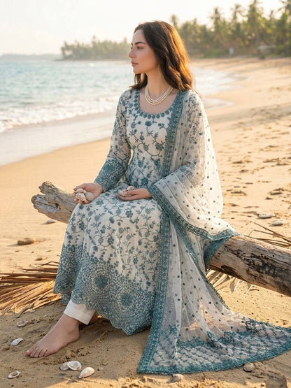 Hania Aamir Wear White And Green Color Micro Cotton Thread Work Anarkali Suit
