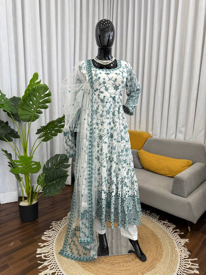 Hania Aamir Wear White And Green Color Micro Cotton Thread Work Anarkali Suit