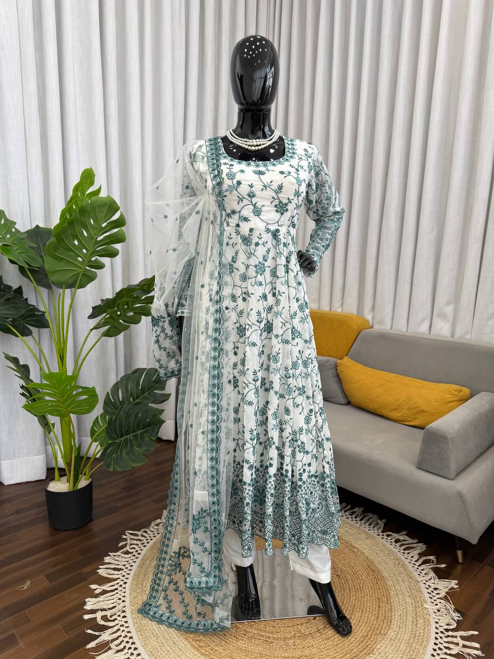 Hania Aamir Wear White And Green Color Micro Cotton Thread Work Anarkali Suit