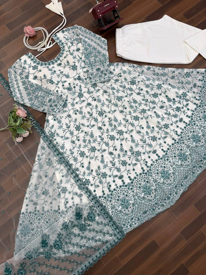 Hania Aamir Wear White And Green Color Micro Cotton Thread Work Anarkali Suit
