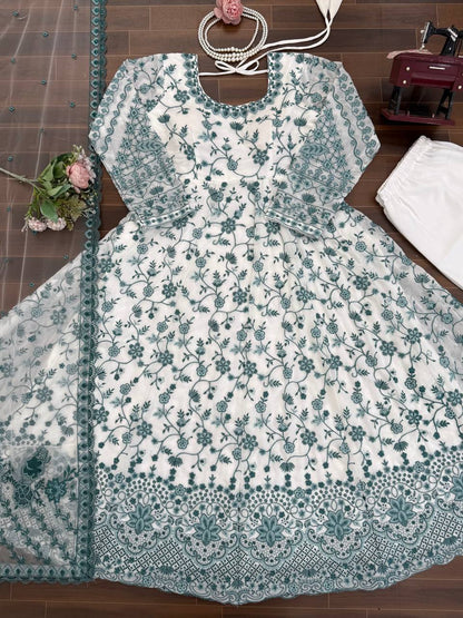 Hania Aamir Wear White And Green Color Micro Cotton Thread Work Anarkali Suit