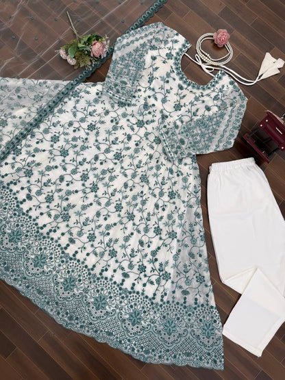 Hania Aamir Wear White And Green Color Micro Cotton Thread Work Anarkali Suit