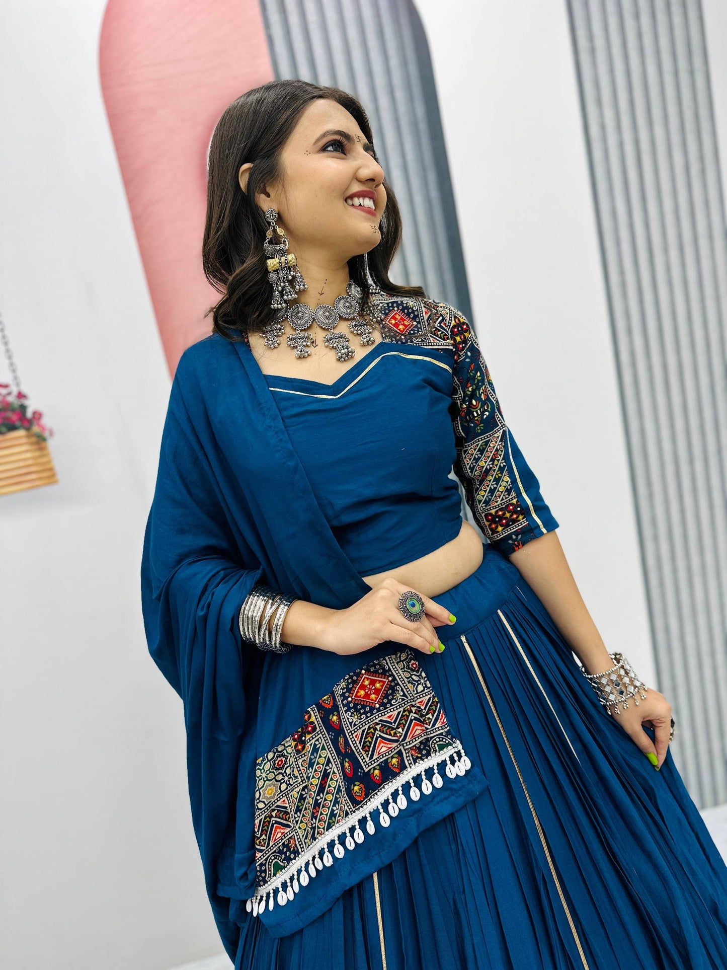 Navratri Special Blue Color Gamthi Embroidery Work WIth Pure Cotton Lehenga Choli Set