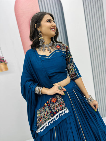 Navratri Special Blue Color Gamthi Embroidery Work WIth Pure Cotton Lehenga Choli Set