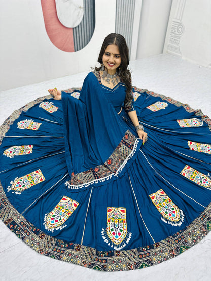 Navratri Special Blue Color Gamthi Embroidery Work WIth Pure Cotton Lehenga Choli Set