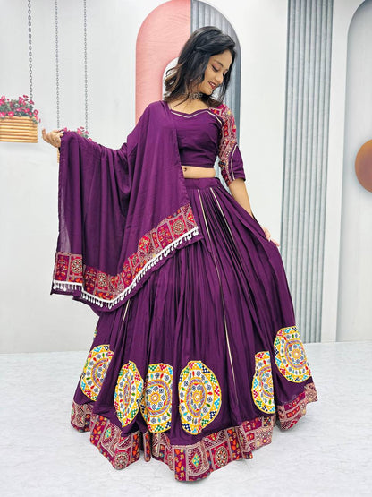Navratri Special Wine Color Gamthi Embroidery Work WIth Pure Cotton Lehenga Choli Set