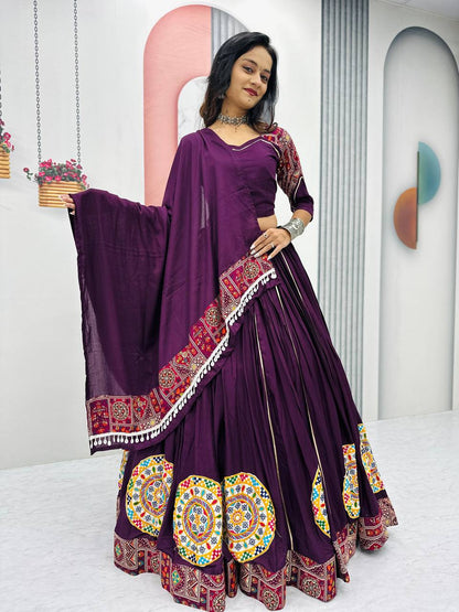 Navratri Special Wine Color Gamthi Embroidery Work WIth Pure Cotton Lehenga Choli Set