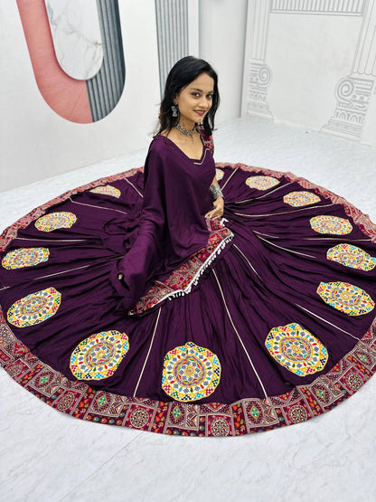 Navratri Special Wine Color Gamthi Embroidery Work WIth Pure Cotton Lehenga Choli Set