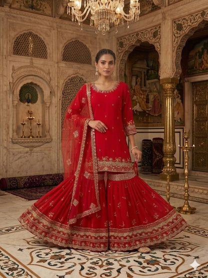 Wonderful Red Color Faux Georgette Embroidered Sharara Suit