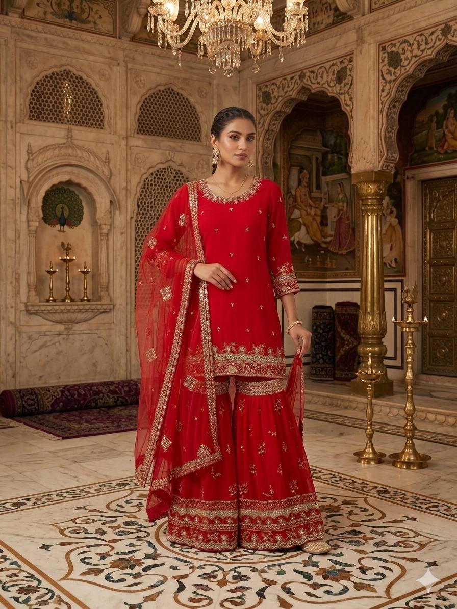 Wonderful Red Color Faux Georgette Embroidered Sharara Suit