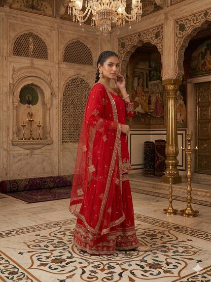 Wonderful Red Color Faux Georgette Embroidered Sharara Suit