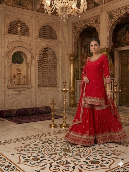 Wonderful Red Color Faux Georgette Embroidered Sharara Suit