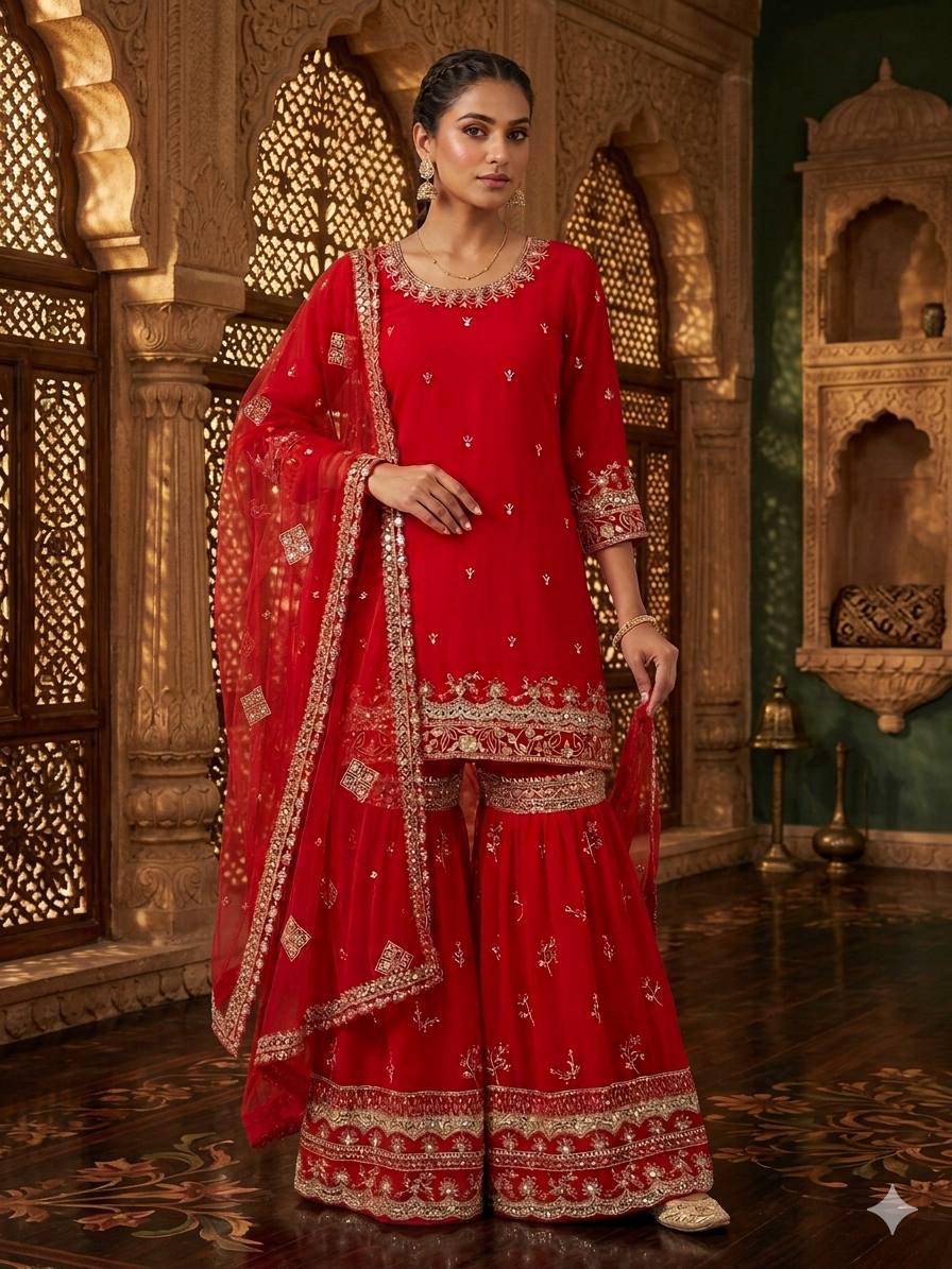 Wonderful Red Color Faux Georgette Embroidered Sharara Suit