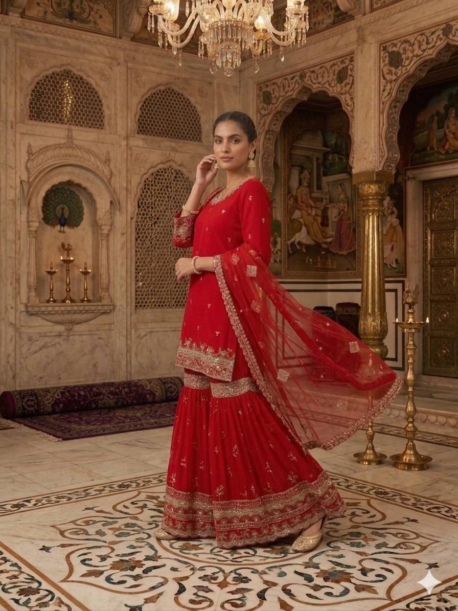 Wonderful Red Color Faux Georgette Embroidered Sharara Suit