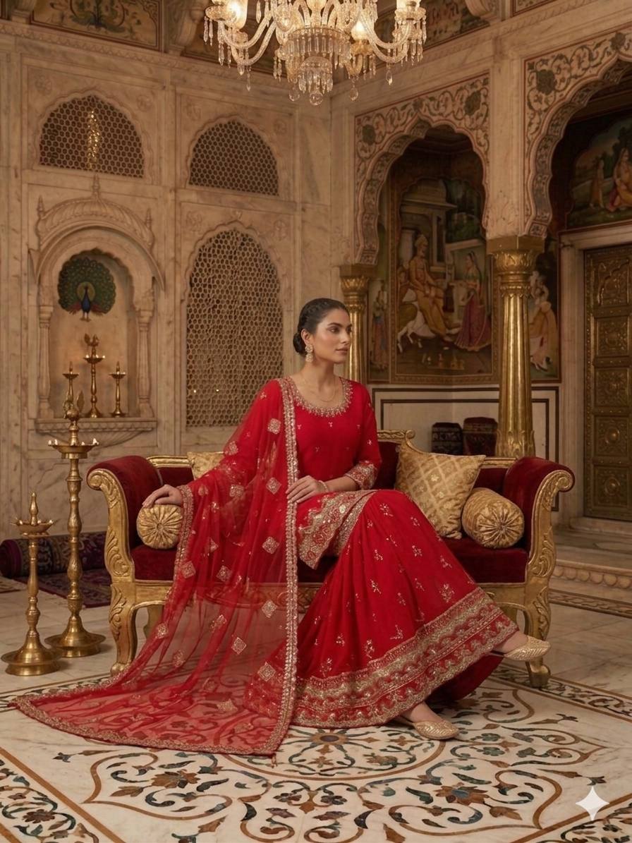 Wonderful Red Color Faux Georgette Embroidered Sharara Suit