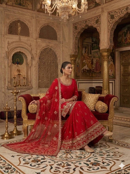 Wonderful Red Color Faux Georgette Embroidered Sharara Suit