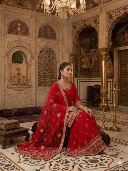 Wonderful Red Color Faux Georgette Embroidered Sharara Suit