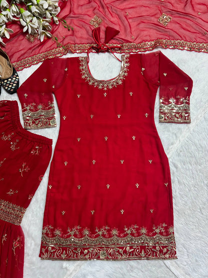 Wonderful Red Color Faux Georgette Embroidered Sharara Suit