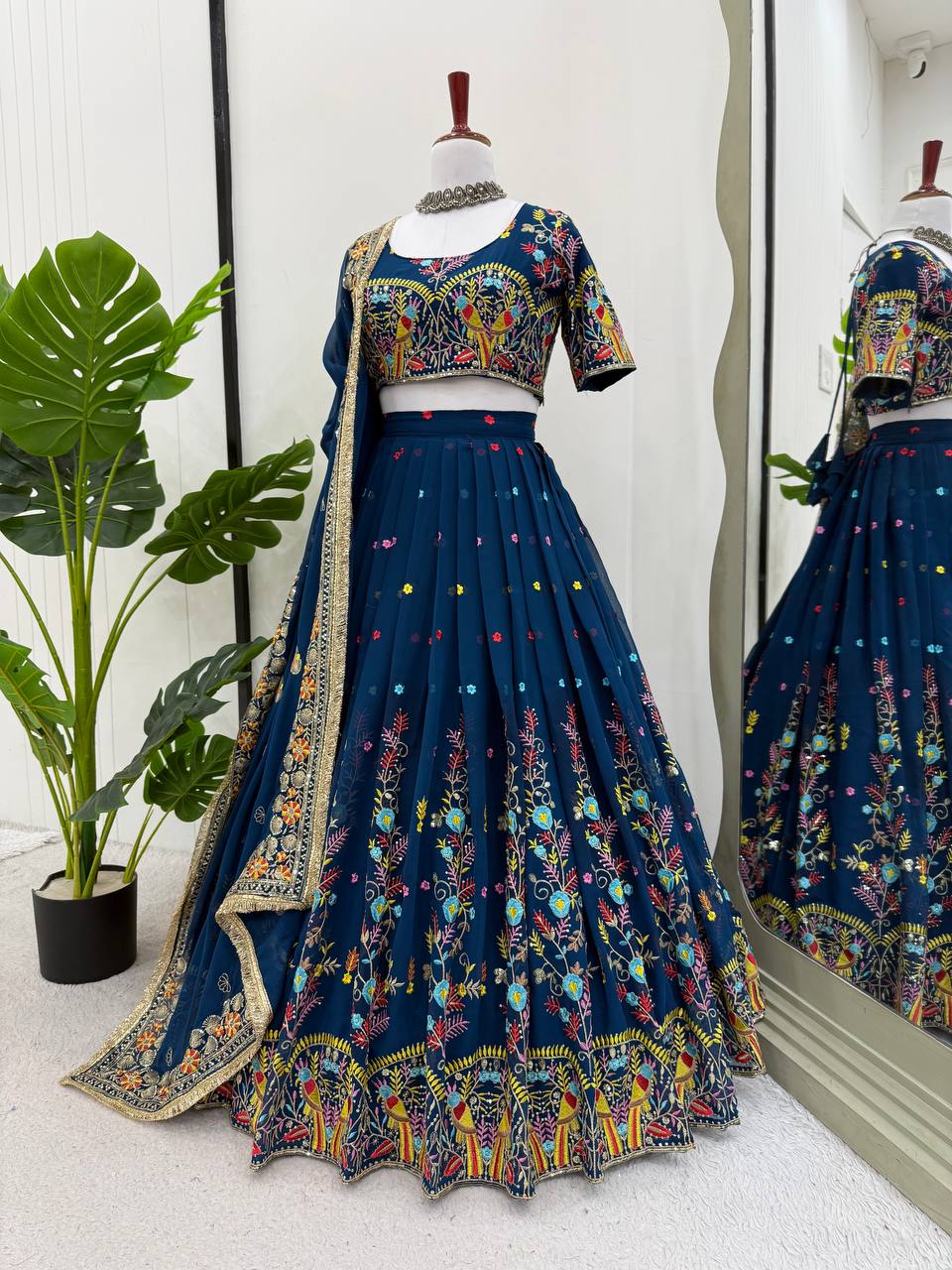 Wedding Wear Navy Blue Color Faux Georgette Thread And Sequin Embroidery Work Beautiful Lehenga Choli