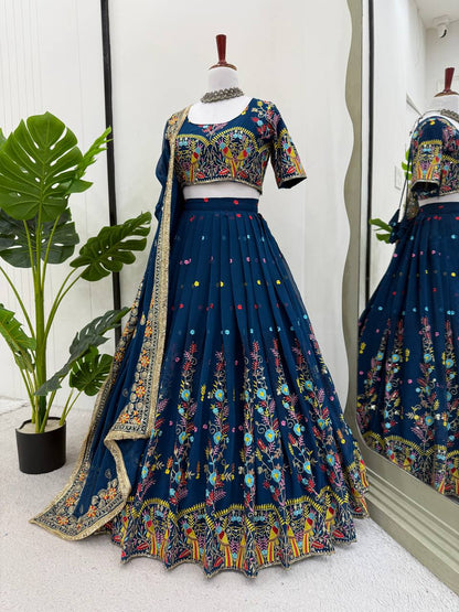 Wedding Wear Navy Blue Color Faux Georgette Thread And Sequin Embroidery Work Beautiful Lehenga Choli
