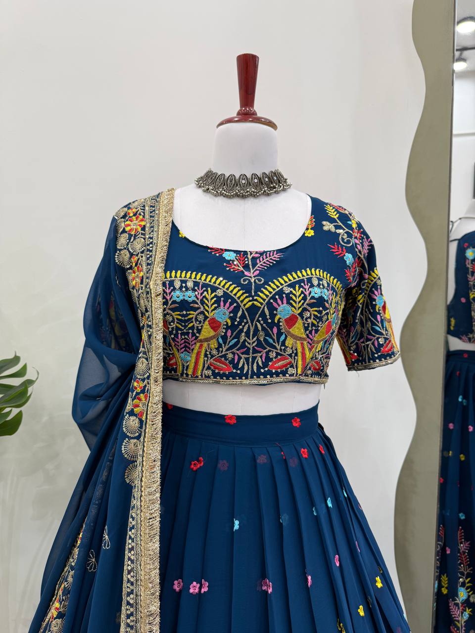 Wedding Wear Navy Blue Color Faux Georgette Thread And Sequin Embroidery Work Beautiful Lehenga Choli