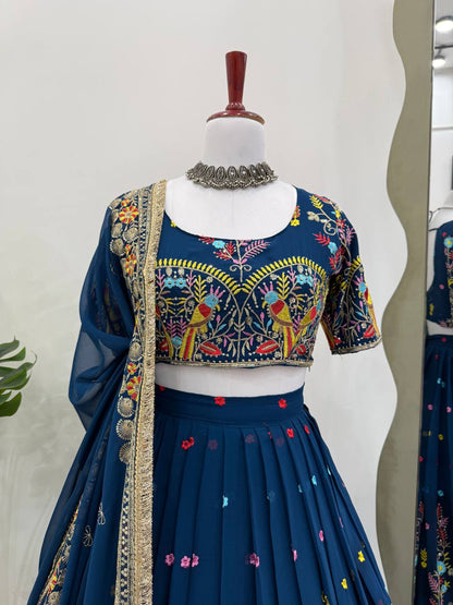 Wedding Wear Navy Blue Color Faux Georgette Thread And Sequin Embroidery Work Beautiful Lehenga Choli