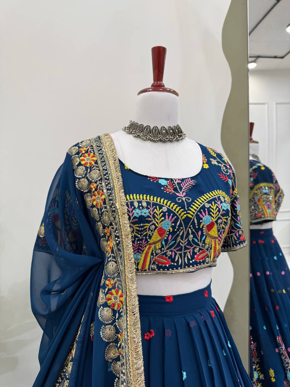 Wedding Wear Navy Blue Color Faux Georgette Thread And Sequin Embroidery Work Beautiful Lehenga Choli