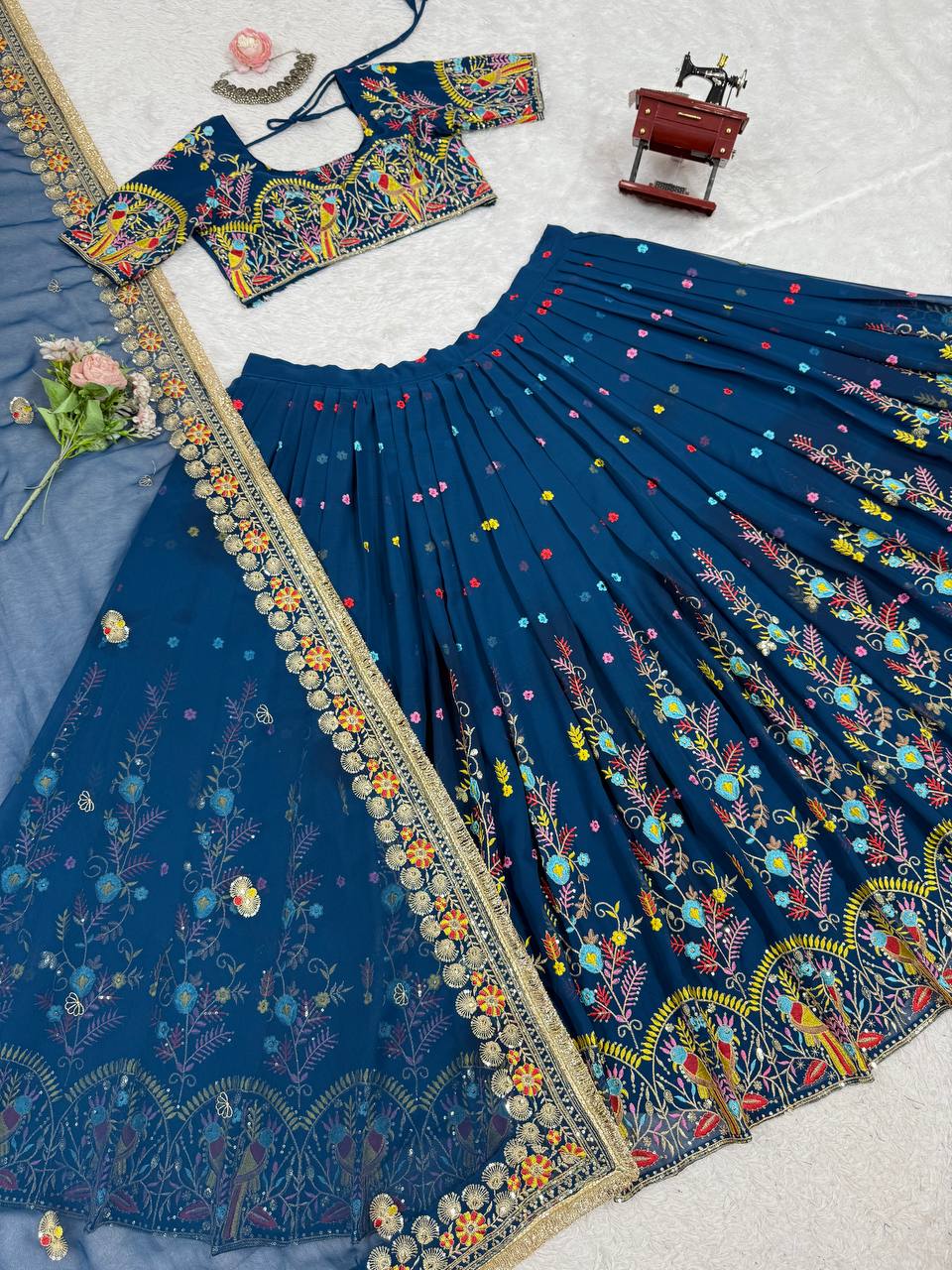 Wedding Wear Navy Blue Color Faux Georgette Thread And Sequin Embroidery Work Beautiful Lehenga Choli